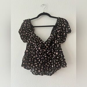 ASTR Black Floral V-Neck Top, Size L - New With Tag